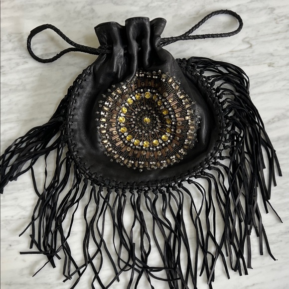 Cleobella Handbags - Vintage Cleobella Black and Gold Beaded Fringe Drawstring Leather Wristlet